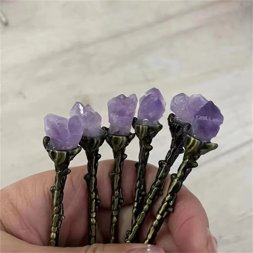 Natural Purple Amethyst Metal Spoons  Coffee Spoon Dessert Copper Spoon Long Handle Vintage Ice Cream Mixing Spoon