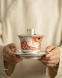 Tea set handmade silver three talents horseshoe covered bowl, Chinese dragon fish respect tea bowl, tea making bowl, tea cup for