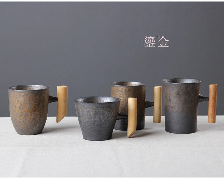 Japanese Vintage Tea Cup Set Ceramic Coffee Mug Rust Glaze Milk Cafe Cup with Wood Handle Water Cup Teacup Home Office Drinkware