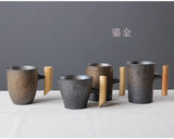 Japanese Vintage Tea Cup Set Ceramic Coffee Mug Rust Glaze Milk Cafe Cup with Wood Handle Water Cup Teacup Home Office Drinkware