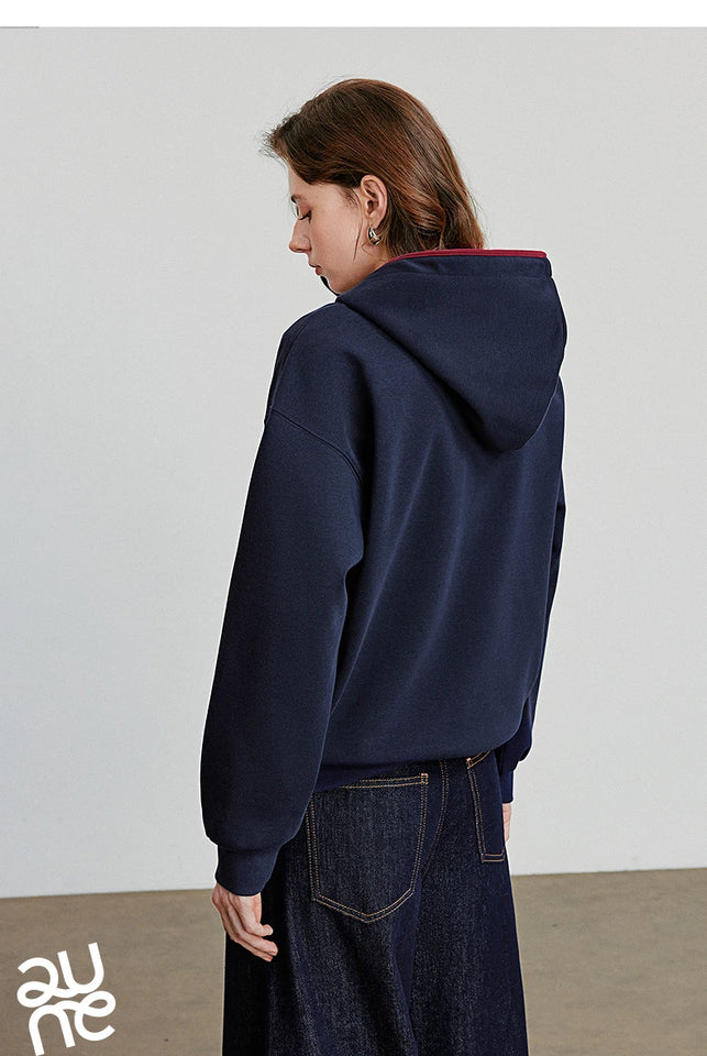 TOYOUTH Women Hoodies Sweatshirt 2025 Autumn New Contrasting Color Embroidery Splicing Hooded Pullover Tops