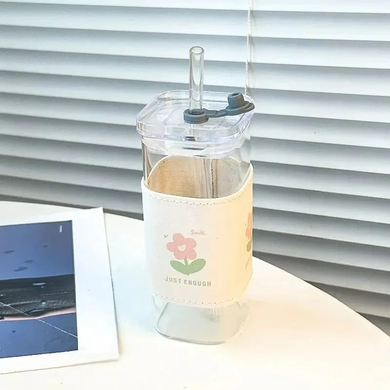 1Pcs Square Heat Resistant Coffee Glass Cup  With Lid and Straw Transparent Milk Tea Juice Cups For Home Bar Drinkware