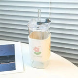 1Pcs Square Heat Resistant Coffee Glass Cup  With Lid and Straw Transparent Milk Tea Juice Cups For Home Bar Drinkware