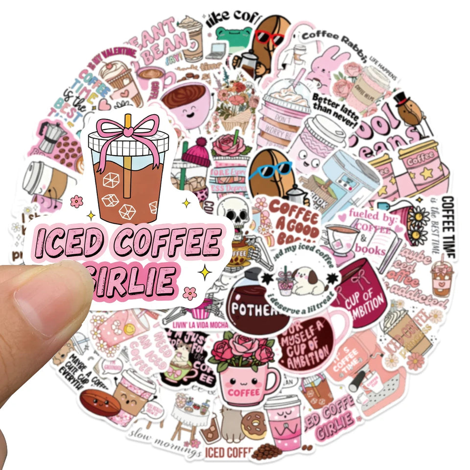 50pcs Funny Coffee Stickers Cute Cartoon Animals Decal DIY Handbook Laptop Phone Suitcase Stationery Stickers For Teens Gift