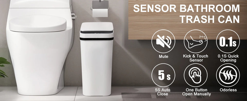 2 Pack 12L & 18L Bathroom Automatic Trash Can Touchless Motion Sensor Garbage Can with Lid for Bedroom living Room Kitchen White