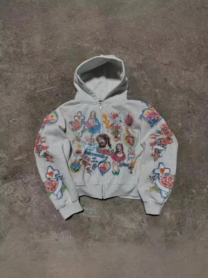 Women's Zip Up Hoodie Jacket Graphic Print Long Sleeve Sweatshirt With Pocket For Casual Streetwear, Cozy Travel, Gift For Teens