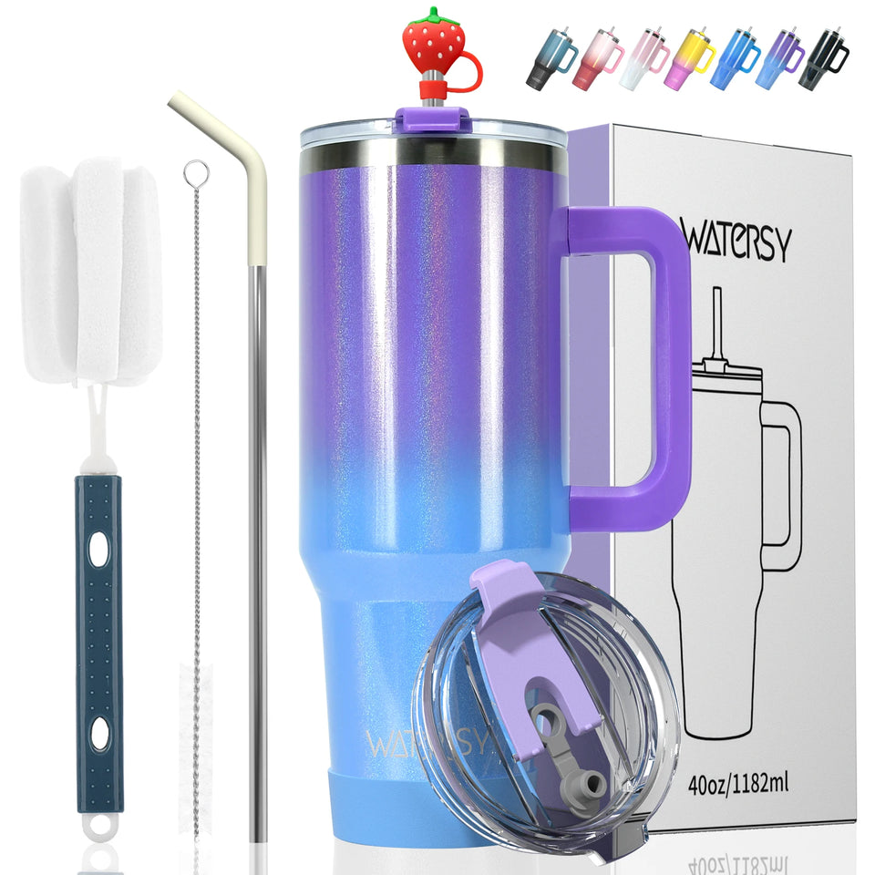 WATERSY 30oz/40oz Stainless Steel Thermal Cup Large Capacity Tumbler with Handle & Straw Insulated Mug Travel for Coffee