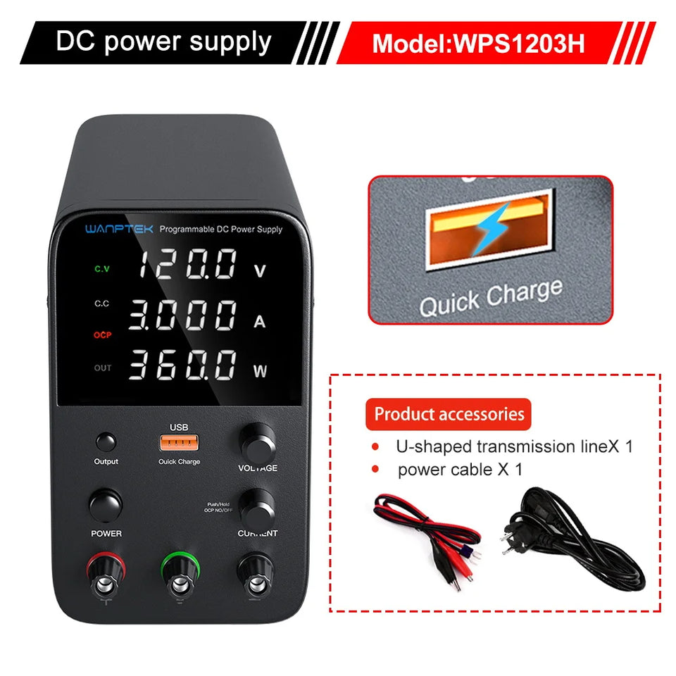 Wanptek Adjustable DC Power Supply 30V 60V 5A 10A Lab Bench Power Supply USB Interface Fast Charging Preset Voltage and Current