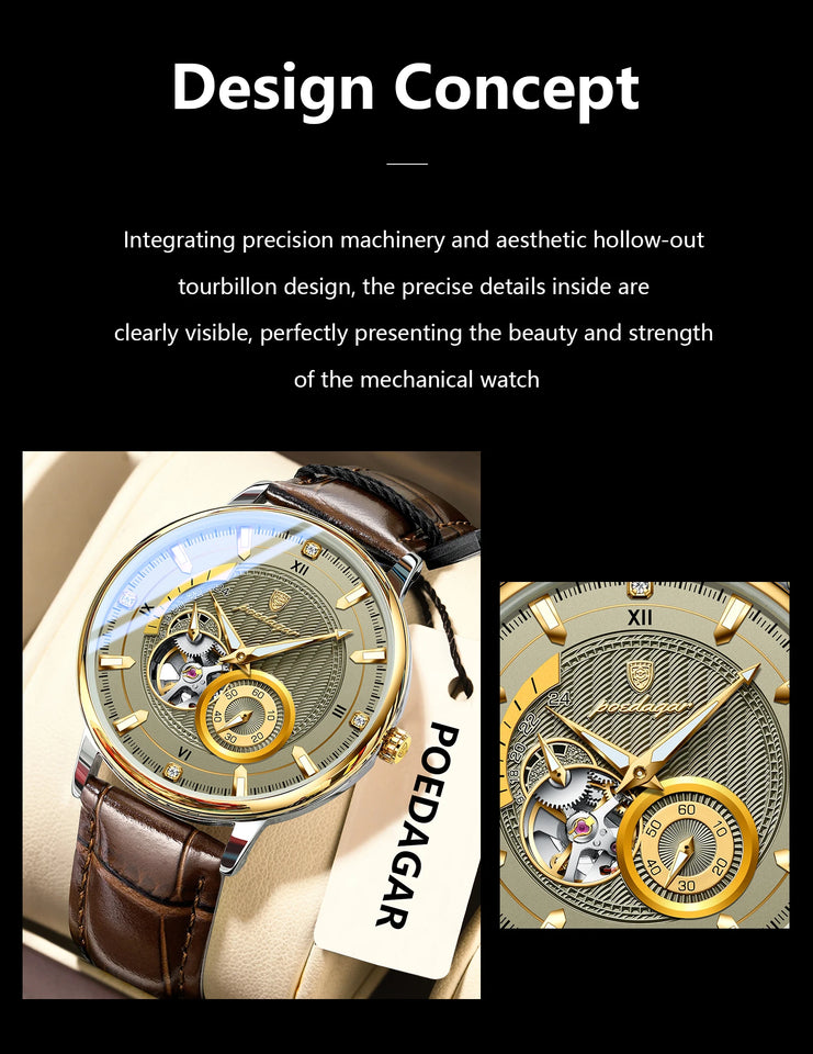 POEDAGAR Fashion Business Men Watch Waterproof Luminous Hollow Tourbillon Male Clock Automatic Mechanical Leather Men's Watches