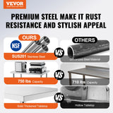 VEVOR Stainless Steel Work Prep Table with 4 Wheels 3 Adjustable Height Levels Heavy Duty Food Prep Worktable for Hotel Home