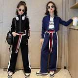 Spring Autumn Girl Striped Cropped Full Zip Sweatshirt+Loose Drawstring Sweatpant Set School Kids Tracksuit Child Outfit 3-16Yrs