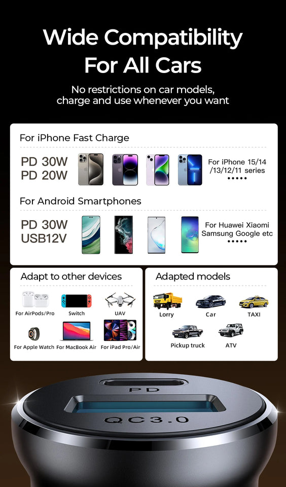 Joyroom 30W Car Charger Adapter PD QC3.0 Mini USB Charger Fast Charging Phone Charger for iPhone Samsung Galaxy Car Accessories