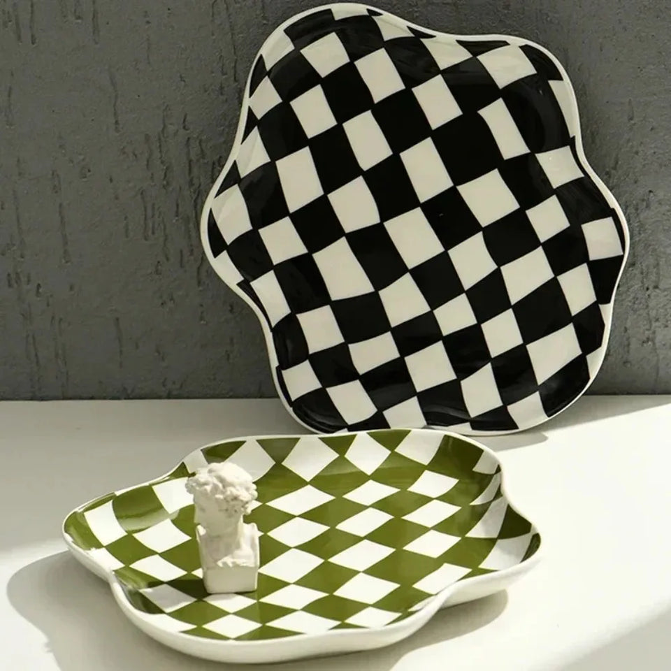 Ceramic Tray Checkerboard Jewelry Storage Plate Ring Earing Dessert Plate Home Decoration Retro Desk Organizer Kitchen Tableware