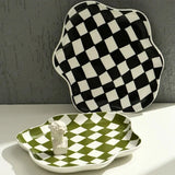 Ceramic Tray Checkerboard Jewelry Storage Plate Ring Earing Dessert Plate Home Decoration Retro Desk Organizer Kitchen Tableware