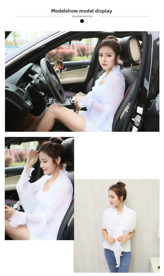 Summer Multi-functional Sunscreen Shawl Women's Long-sleeved Loose Light Breathable Anti-UV Pleated Chiffon Scarf Driving Sleeve