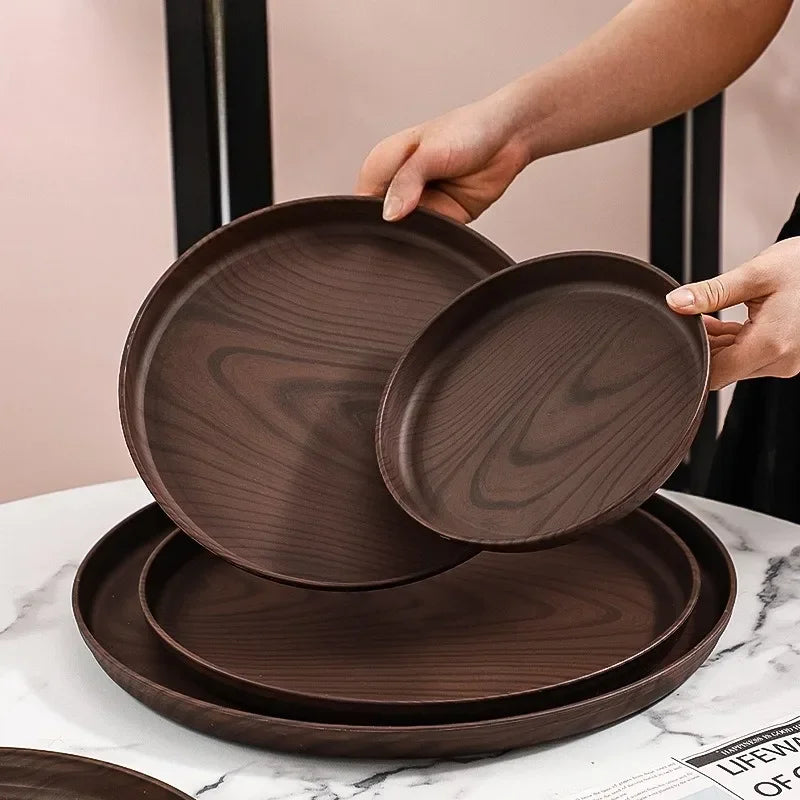 Walnut Wood-Grain Round Serving Tray-Multi-Purpose Plate for Coffee, Bread, Pastries & Tea Set Storage, Ideal for Tea Ceremonies