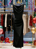 Summer Fashion New Arrivals: Elegant, Sleeveless, Sparkling, Body-Con Plunge Dress Evening Gown