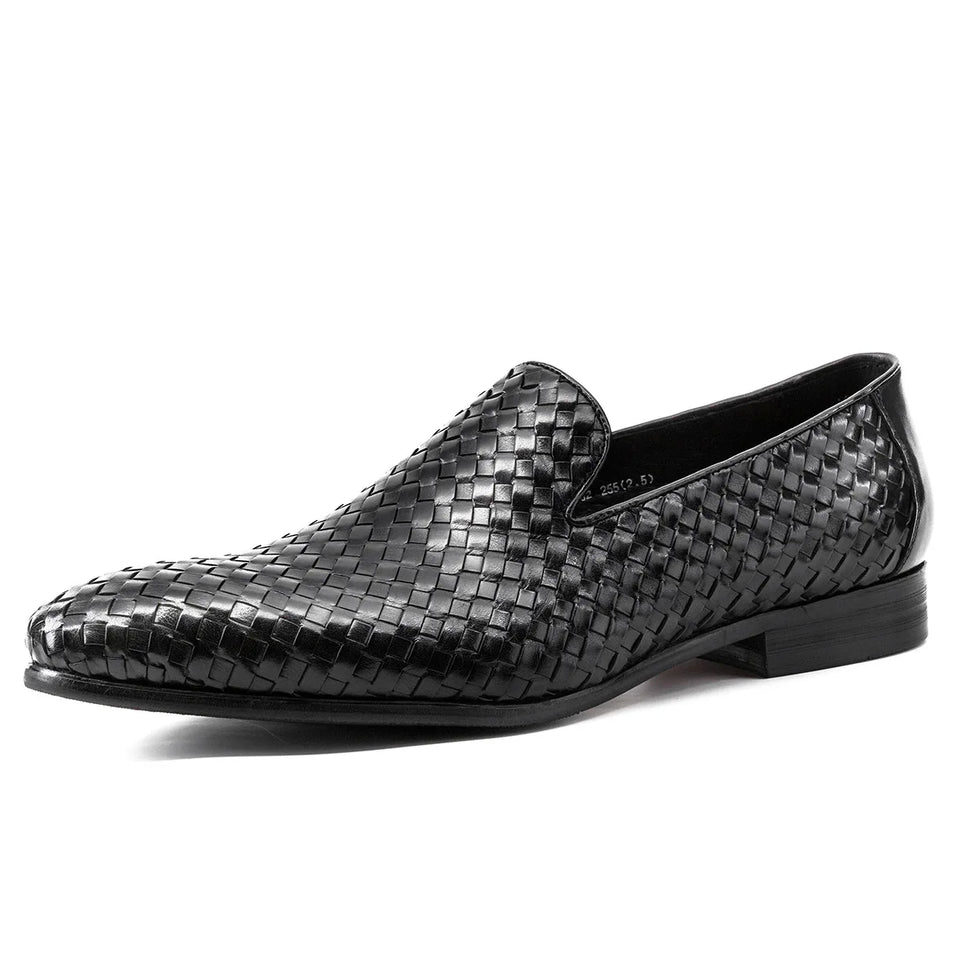 PJCMG Fashion Comfortable Black/Coffee Genuine Knitted Leather Slip-On Pointed Toe Flat Man Casual Classic Formal Dress Shoes