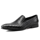 PJCMG Fashion Comfortable Black/Coffee Genuine Knitted Leather Slip-On Pointed Toe Flat Man Casual Classic Formal Dress Shoes