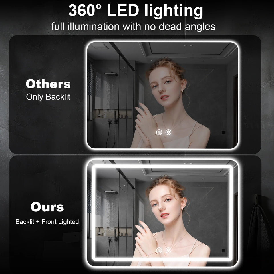 36x24 inch LED Bathroom Mirror Vanity Mirrors with Backlit Lights Fogless Makeup Mirror Wall Mounted with Demister