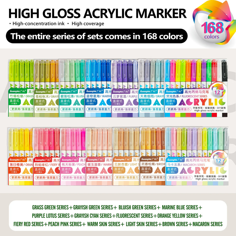 GuangNa 12 Colors/box Direct Liquid Hardhead High-gloss Acrylic Marker, for Student Notebook Writing, DIY Painting Graffiti