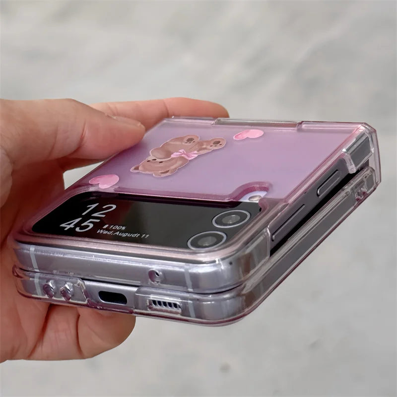 Korean Cute Bear Hinge Phone Case For Samsung Galaxy Z Flip 6 5 4 3 Z Flip5 Flip4 5G Cover with Chain Strap Clear Kawaii Funda