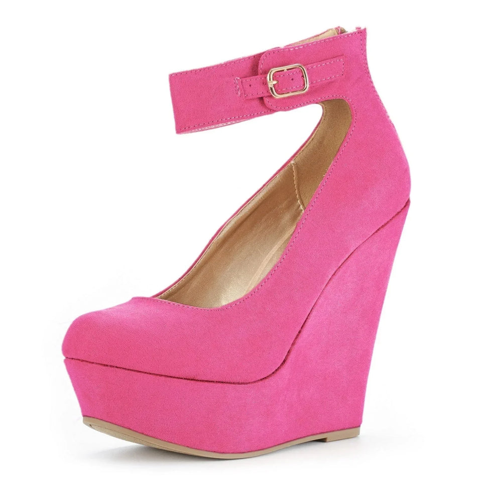 LOSLANDIFEN Women Shoes Flock Buckle Bowtie Ankle Strap High Heels Sexy 14cm Platform Wedges Female Pumps Red Wedding Shoe