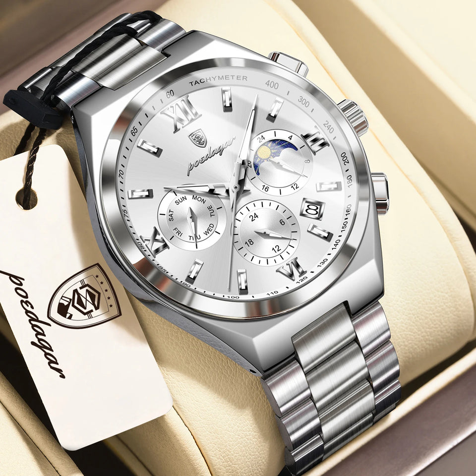 POEDAGAR Fashion Functional Man Wristwatch Luminous Week Date Business Watch For Men Stainless Steel Sports Men's Quartz Watches
