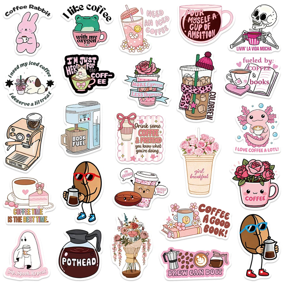 50pcs Funny Coffee Stickers Cute Cartoon Animals Decal DIY Handbook Laptop Phone Suitcase Stationery Stickers For Teens Gift
