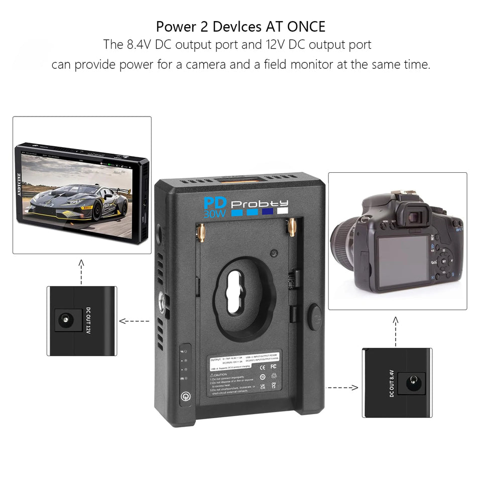 PD30W NP-F Battery Charger Battery Adapter Plate Cold Shoe Adapter 1/4in for NP-F550 F750 F970 for BMPCC 4K 6K DSLR ILDC