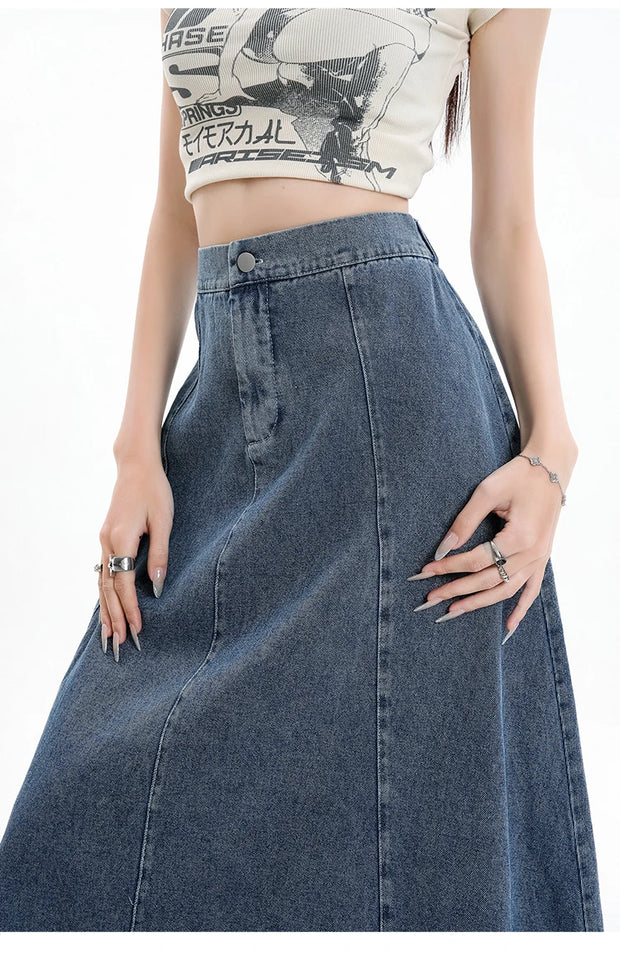 Long Denim Skirt Women 2024 Spring Summer New Arrivals High Elastic Waist A Line Jeans Skirts Korean Fashion Casual Blue Skirts