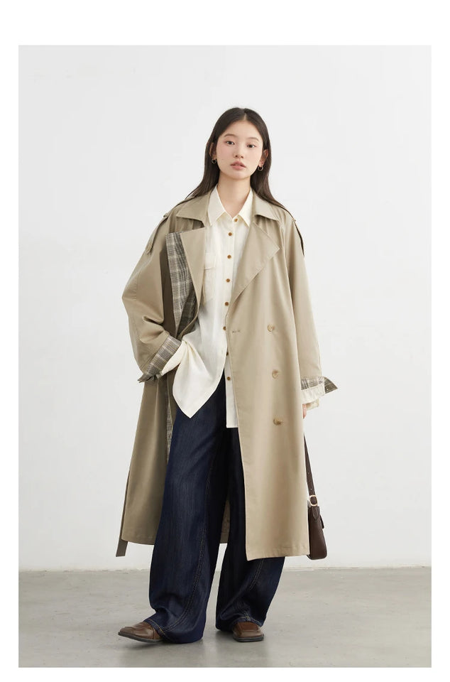 CHIC VEN Women Long Trench Coat Loose Casual New Plaid Patchwork Female Windbreaker Office Ladies Outerwear Spring Autumn 2025