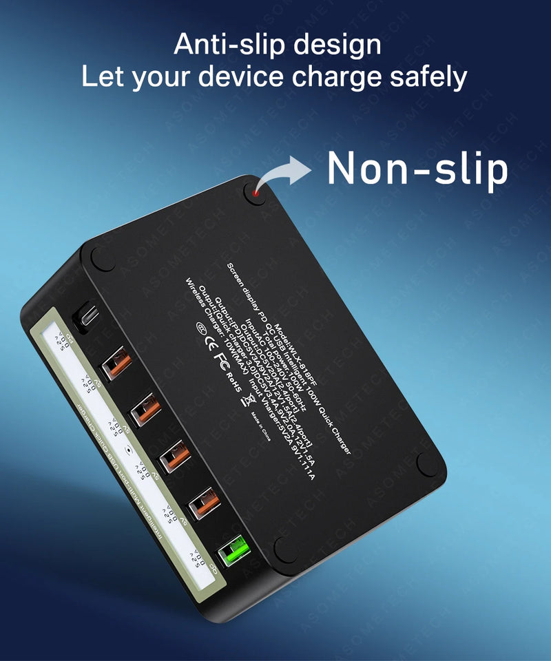 100W USB PD QC Charger Adapter Wireless Charger 6 Ports Fast Charging Station for IPhone 14 13 12 Pro Max IPad, Samsung Huawei