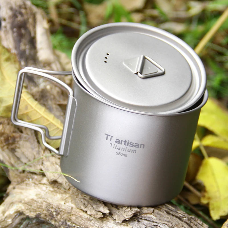 Tiartisan 350ml 750ml Tatinium Cup Hiking Tableware Fodable Handle Coffee Cups with lids Lightweight Frosted Cup Mugs