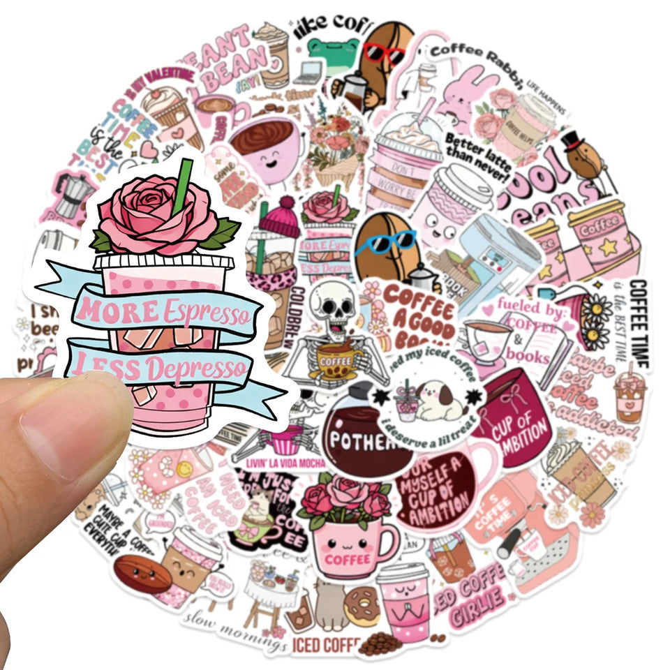 50pcs Funny Coffee Stickers Cute Cartoon Animals Decal DIY Handbook Laptop Phone Suitcase Stationery Stickers For Teens Gift