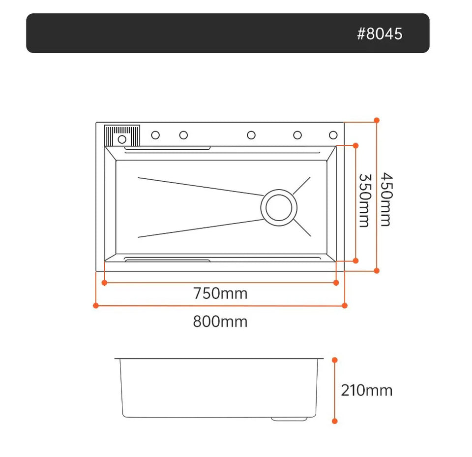 304 Stainless Steel Kitchen Sink, Large Single Sink, Thickened Whale Relief, Digital Display, Washbasin, Washbasin