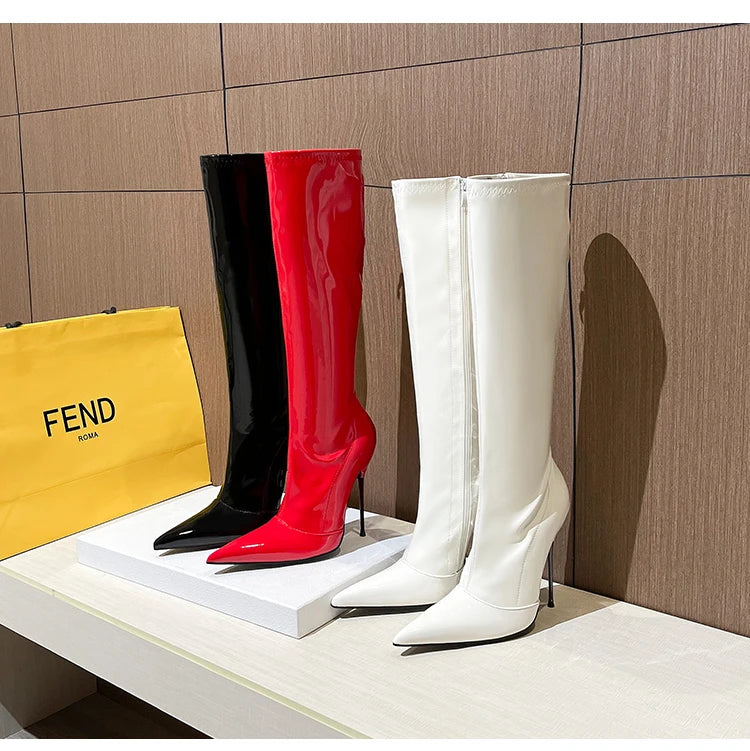 Knee-High Modern Boots Pointy Toe Women Shoes 13cm Ultra Thin Steel High Heels Metal Heel Calf Boots for Women Fun Shoes Size 46