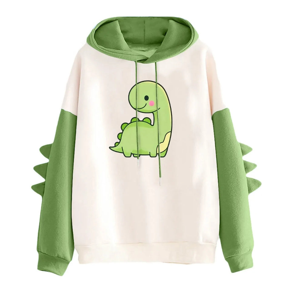 Winter Cute Dinosaur Cartoon Hoodie Women Fashion Sweatshirt Casual Print Long Sleeve Korean Style Splice Tops Kawaii Clothes
