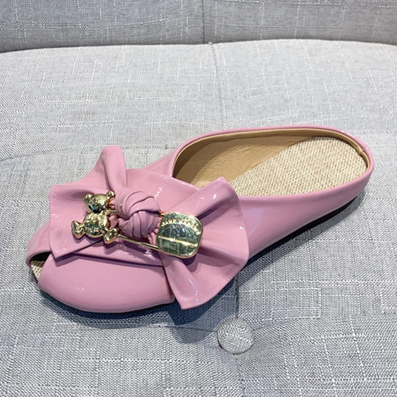 Women Slippers Gold Chain Bear Half Slippers Female Flats Sandals Brand Mullers Plus Size Summer Women Shoes Fashion Bow Slipper