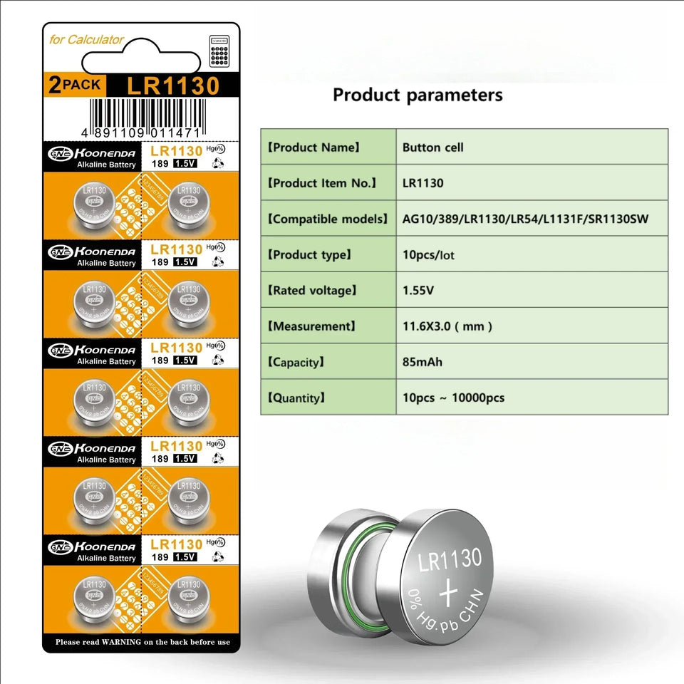 AG10 LR1130 1.55V Button Batteries (4-100PCS) - Alkaline Coin Cell for Watches,Calculators,Lasers, Toys - LR54 L1131 SR1130 389A