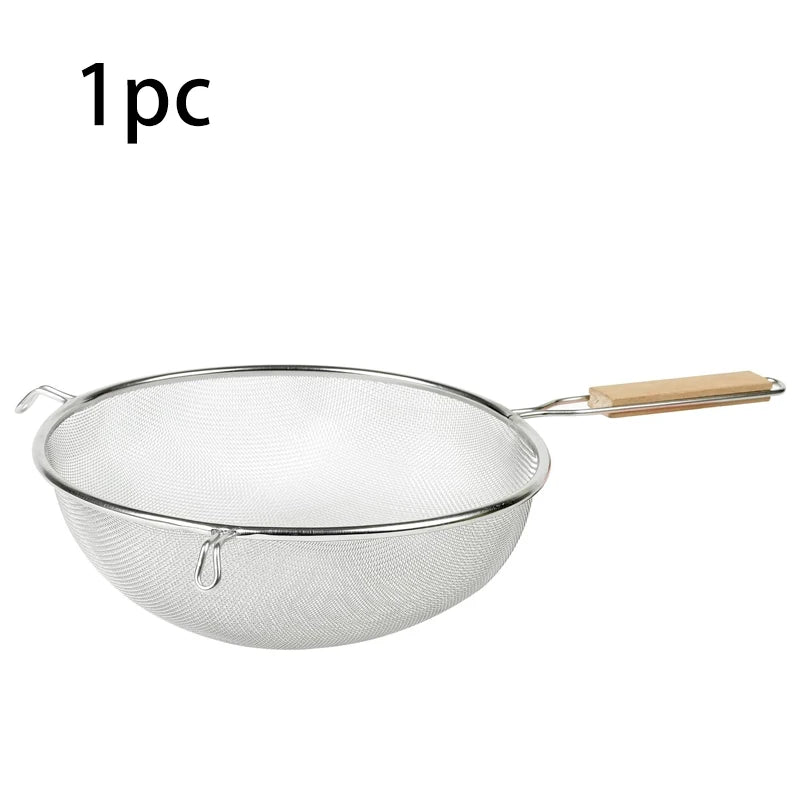 Stainless Steel & Wood Dual Handle Strainer Spoon. 30x17cm, for Pasta, Dumplings, Skimming, Durable