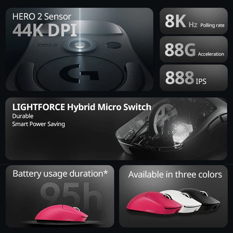 Logitech G PRO X SUPERLIGHT 2c wireless gaming mouse, 51g, HERO 2 sensor supports up to 44000DPI and 888IPS, 8KHz