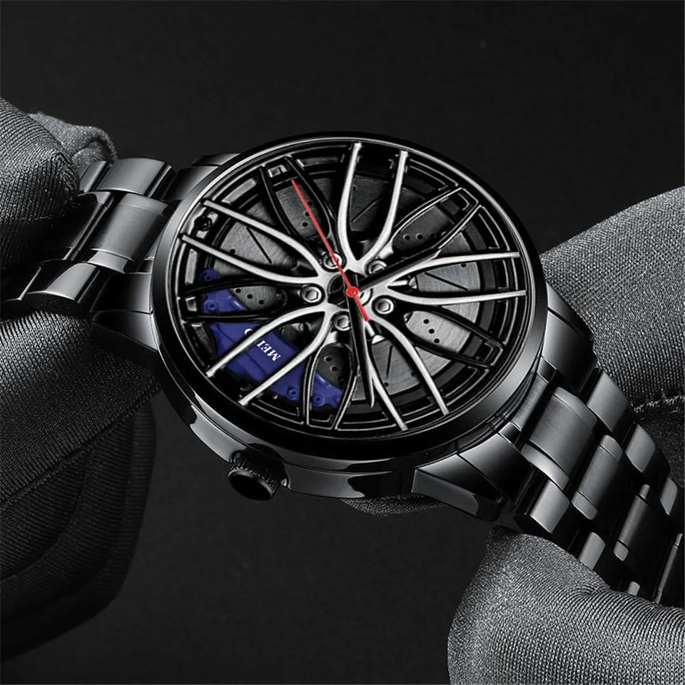 New Top Men Stainless Steel Watches Mens Car Wheel Hub Leather Quartz Watch For Male Military Sport Watch Relogio Masculino Hot