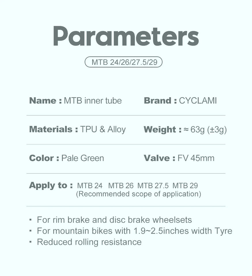 CYCLAMI Ultralight Bike Inner Tube 26 27.5 29 Inches MTB Bicycle TPU Material Tire 45mm French Valve Super Light Anti-Oxidation