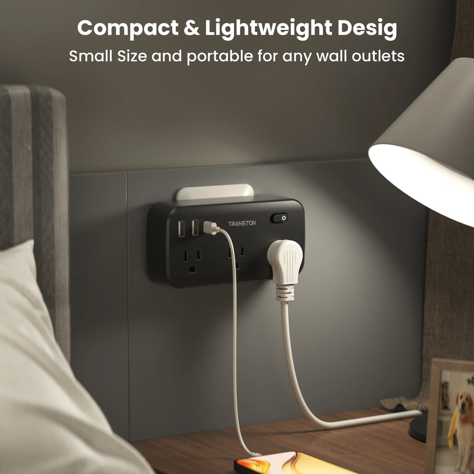 black-power strip surge protector with 6 AC Outlets,2 USB & 2 USB-C Fast Charging Ports,10 in 1,45°tilt plug,Advanced Protection