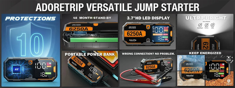 Car 6250A Portable 12V  Jump Starter Power Bank 12V Auto Battery Charger Booster Starting Device For 10.0L GAS/6.5L DIESEL