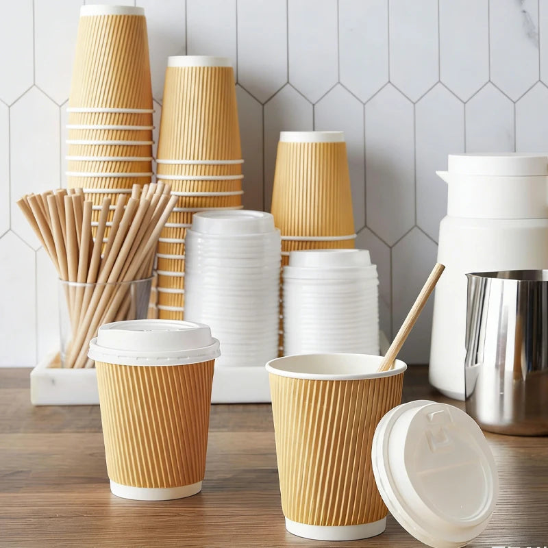 30pack Yellow Ripple Coffee Paper Cups 8oz Disposable Coffee Cups With Lids for Cold/Hot Beverages Travel Office Paper Cups