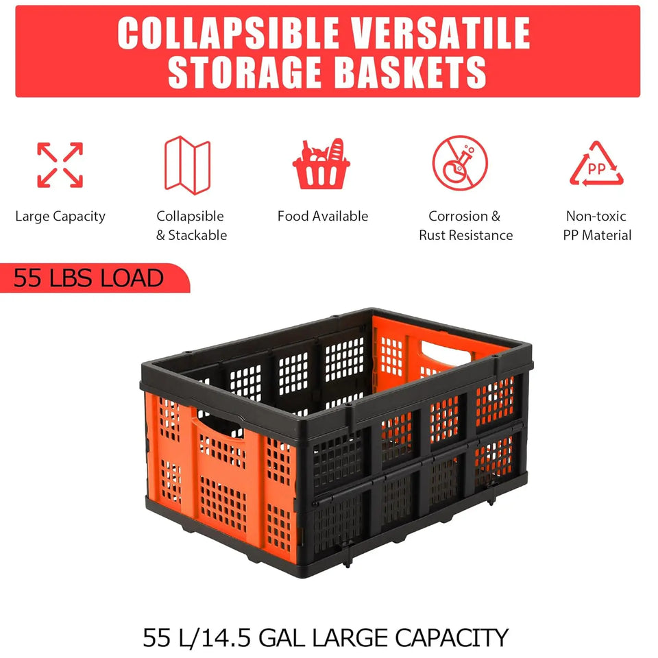 55L Heavy-Duty Collapsible Plastic Crate Foldable Storage Basket with Side Handles, Stackable Design for Food Drinks Books Tools