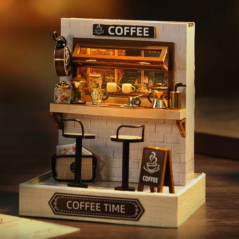 Coffee Shop Wooden Mini Doll House DIY Small House Kit  3D Puzzle Assembly Toy Miniature Dollhouse With Furniture Lighting Gifts