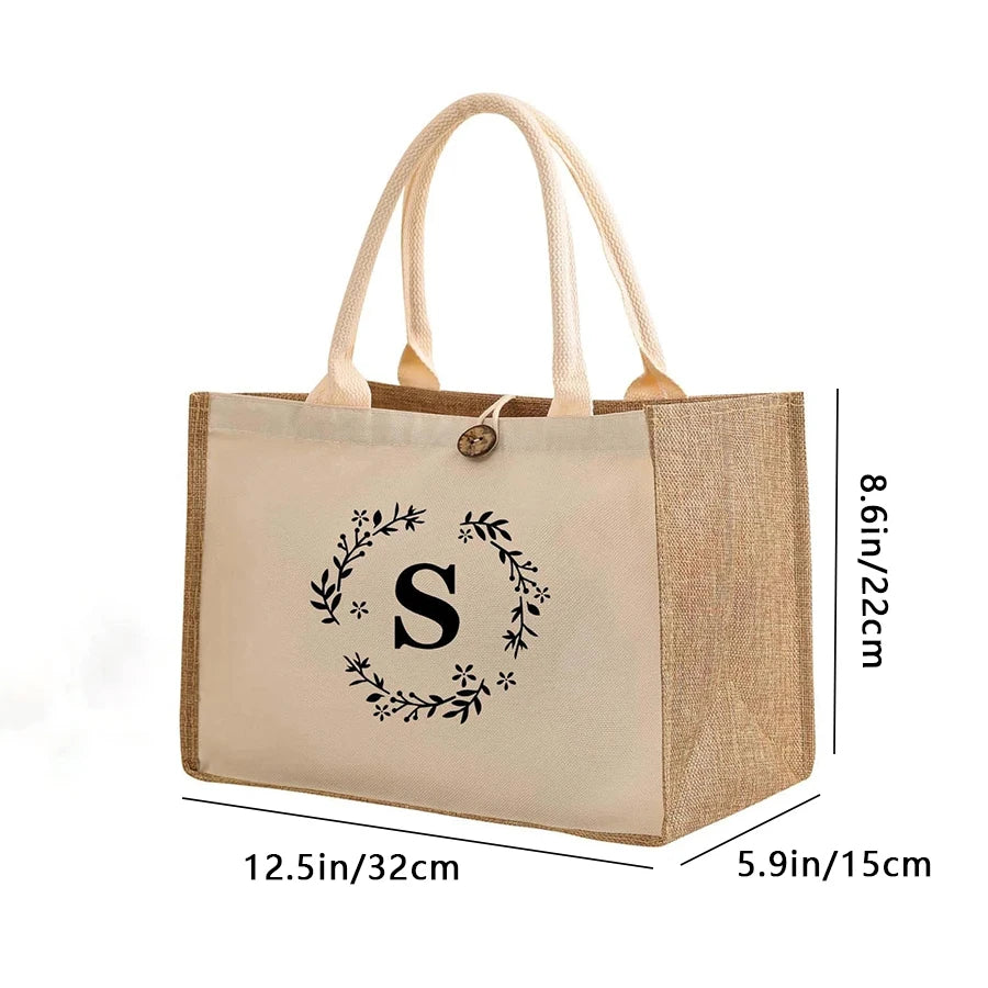 Large Capacity Ladies Tote Bag, Letter Printing Faux Linen Button Handbag, Portable Travel Storage Travel Bag
